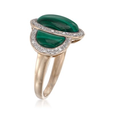 Three-Stone Malachite Cabochon and Diamond Ring in 14kt Yellow Gold &mdash; Alt Image 3