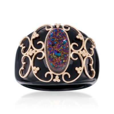Rainbow Drusy and Swan Stone Scrolled Ring in 14kt Yellow Gold &mdash; Alt Image 1