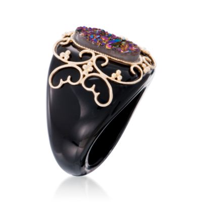 Rainbow Drusy and Swan Stone Scrolled Ring in 14kt Yellow Gold &mdash; Alt Image 3