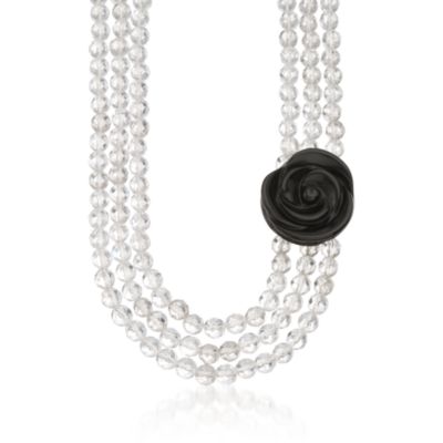 Rock Crystal Bead Necklace With Carved Black Agate Rose in Sterling Silver. 17" &mdash; Alt Image 1
