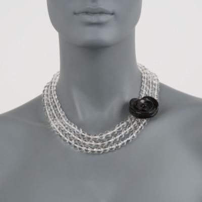 Rock Crystal Bead Necklace With Carved Black Agate Rose in Sterling Silver. 17" &mdash; Alt Image 2