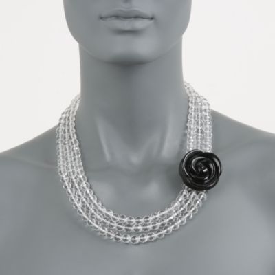 Rock Crystal Bead Necklace With Carved Black Agate Rose in Sterling Silver. 17" &mdash; Alt Image 3