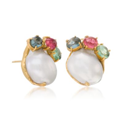 7.20 ct. t.w. Tourmaline and 16-18mm Pearl Earrings in Vermeil &mdash; Alt Image 3