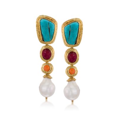 11-13mm Baroque Pearl Earrings With Multi-Gems in 14kt Gold Over Sterling &mdash; Alt Image 1