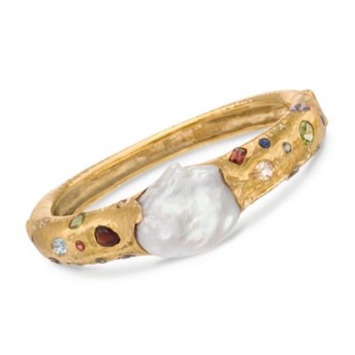 6.60 ct. t.w. Multi-Gem and Pearl Bangle Bracelet in 14kt Gold Over Sterling Silver. 6.5" &mdash; Alt Image 1
