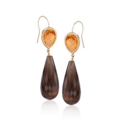5.50 ct. t.w. Citrine and 20.00 ct. t.w. Smoky Quartz Drop Earrings in 14kt Yellow Gold &mdash; Alt Image 1
