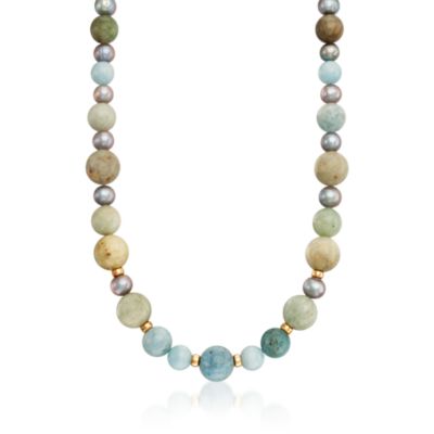 Multicolored Aquamarine and 8-8.5mm Gray Pearl Necklace in 14kt Yellow Gold &mdash; Alt Image 1