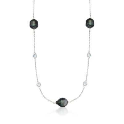 10-11mm Black Tahitian Pearl and .30 ct. t.w. White Topaz Station Necklace in Sterling Silver. 18" &mdash; Alt Image 1
