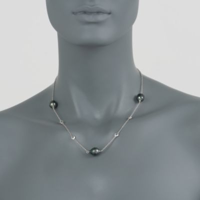 10-11mm Black Tahitian Pearl and .30 ct. t.w. White Topaz Station Necklace in Sterling Silver. 18" &mdash; Alt Image 2