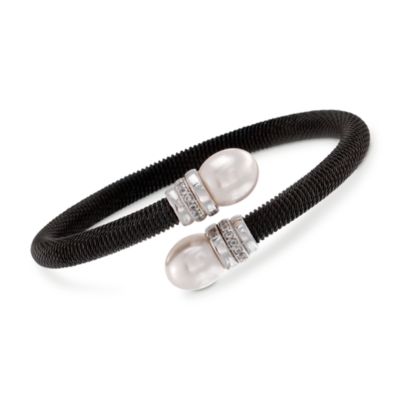 Faux Pearl and .56 ct. t.w. CZ Bypass Bangle Bracelet in Sterling Silver and Stainless Steel . 7" &mdash; Alt Image 1