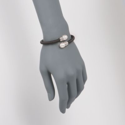Faux Pearl and .56 ct. t.w. CZ Bypass Bangle Bracelet in Sterling Silver and Stainless Steel . 7" &mdash; Alt Image 2