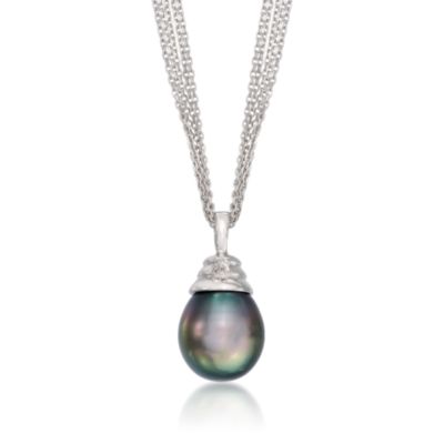11-12mm Black Tahitian Pearl Necklace With A Diamond In Sterling Silver &mdash; Alt Image 1