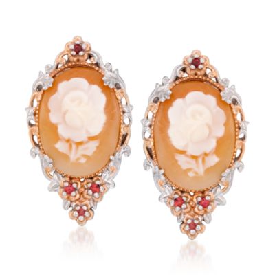 Shell Cameo Earrings With .15 ct. t.w. Sapphire In Sterling Silver and Two-Tone Palladium. Clip/Post Earrings &mdash; Alt Image 1