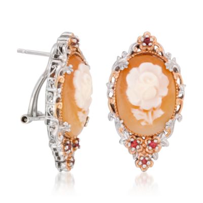 Shell Cameo Earrings With .15 ct. t.w. Sapphire In Sterling Silver and Two-Tone Palladium. Clip/Post Earrings &mdash; Alt Image 3