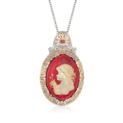 Amber Cameo Pendant Necklace With Garnets in Sterling Silver and Palladium. 18" &mdash; Alt Image 1