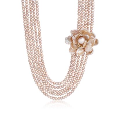 Five-Strand Pink Pearl  Necklace With Keshi Pearl Flower in 18kt Over Sterling &mdash; Alt Image 1