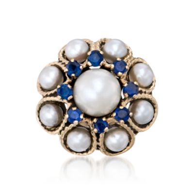 C.1970 Vintage Pearl and Faux Sapphire Ring in 14kt Yellow Gold. Size 7.5 &mdash; Alt Image 1