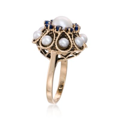 C.1970 Vintage Pearl and Faux Sapphire Ring in 14kt Yellow Gold. Size 7.5 &mdash; Alt Image 3