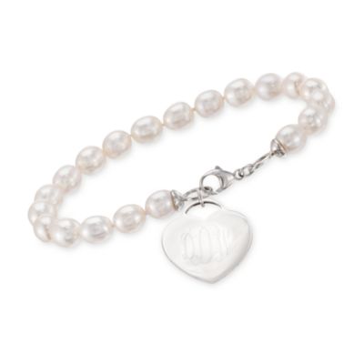 7.5mm Pearl Bracelet With Heart Charm In Sterling Silver. 7.5" &mdash; Alt Image 1