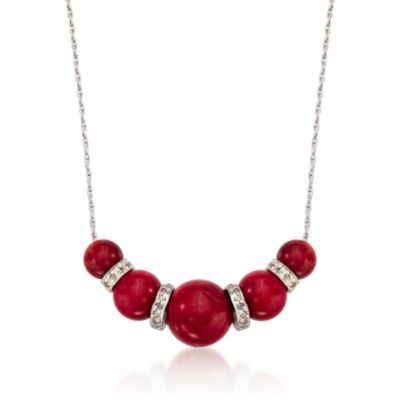 Red Coral and .35 ct. t.w. Diamond Necklace in Sterling Silver. 16" &mdash; Alt Image 1