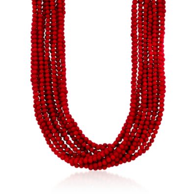 Multi-Strand Red Coral Bead Necklace in 18kt Gold Over Sterling Silver . 17" &mdash; Alt Image 1