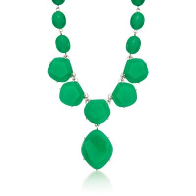 Green Jade Y-Style Necklace in Sterling Silver. 18" &mdash; Alt Image 1