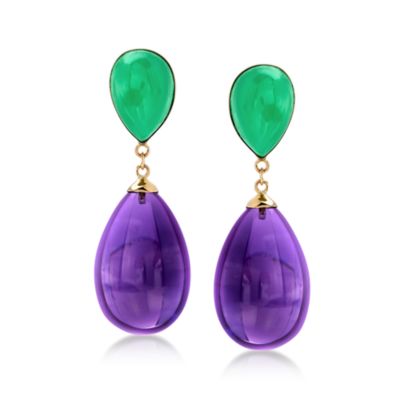 Green Jade and Amethyst Teardrop Earrings in 14kt Yellow Gold &mdash; Alt Image 1