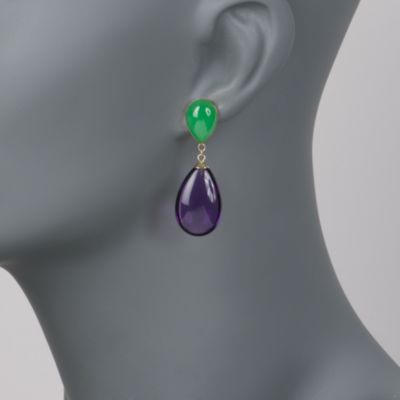 Green Jade and Amethyst Teardrop Earrings in 14kt Yellow Gold &mdash; Alt Image 2