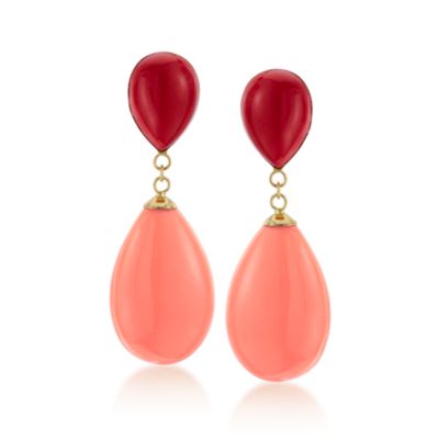 Red Coral and Light Coral Teardrop Earrings in 14kt Yellow Gold &mdash; Alt Image 1