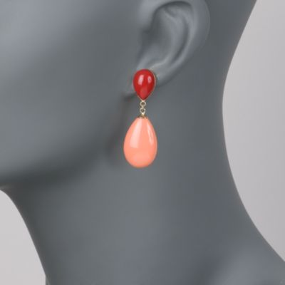 Red Coral and Light Coral Teardrop Earrings in 14kt Yellow Gold &mdash; Alt Image 2