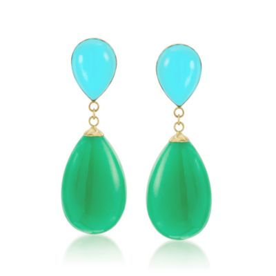 Turquoise and Green Jade Teardrop Earrings in 14kt Yellow Gold &mdash; Alt Image 1