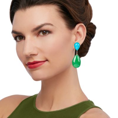 Turquoise and Green Jade Teardrop Earrings in 14kt Yellow Gold &mdash; Alt Image 2