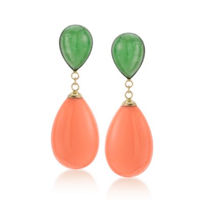 Green Jade and Coral Teardrop Earrings in 14kt Yellow Gold &mdash; Alt Image 1