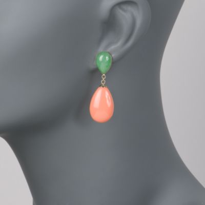 Green Jade and Coral Teardrop Earrings in 14kt Yellow Gold &mdash; Alt Image 2