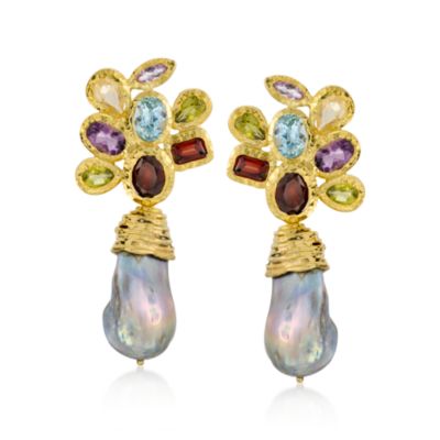 Gray Baroque Pearl and 13.10 ct. t.w. Multi-Gemstone Earrings In Vermeil &mdash; Alt Image 1