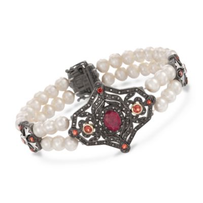 Pearl and 2.40 ct. t.w. Multi-Gemstone Bracelet With .20 ct. t.w. Diamonds in Sterling Silver. 8" &mdash; Alt Image 1