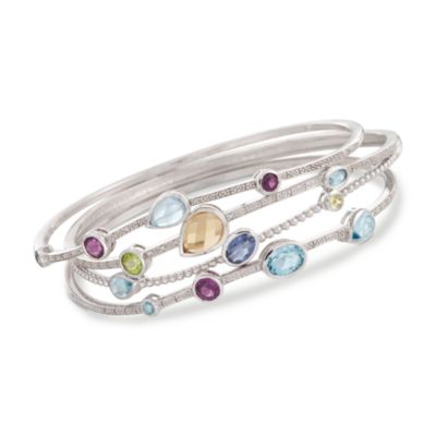 Set of Three Curved 7.50 ct. t.w. Mixed Gem Bangles With .15 ct. t.w. Diamonds In Sterling Silver &mdash; Alt Image 1