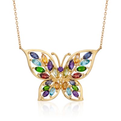 2.15 ct. t.w. Multi-Gem Butterfly Pendant Necklace in 14kt Gold Over Sterling Silver. 16" &mdash; Alt Image 1
