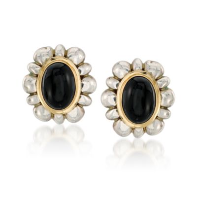 C. 1980 Vintage Black Onyx Floral Earrings In Two-Tone &mdash; Alt Image 1