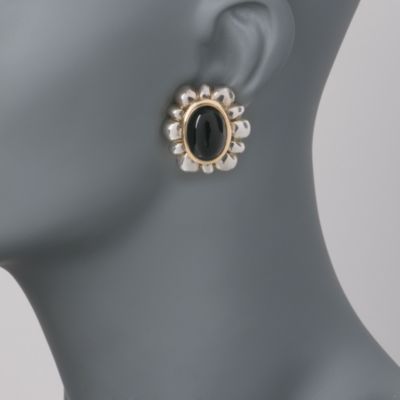 C. 1980 Vintage Black Onyx Floral Earrings In Two-Tone &mdash; Alt Image 2