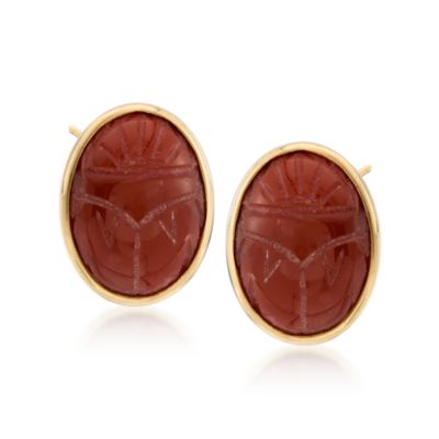 C. 1980 Vintage Carnelian Scarab Earrings In 14kt Yellow Gold &mdash; Alt Image 1
