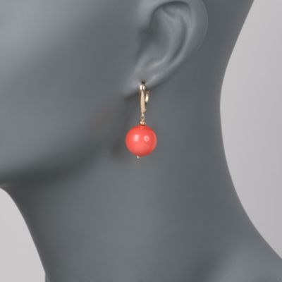 14mm Coral Drop Earrings in 14kt Yellow Gold &mdash; Alt Image 2