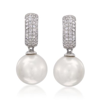 12.5mm Pearl and 1.10 ct. t.w. CZ Drop Earrings In Sterling Silver &mdash; Alt Image 1
