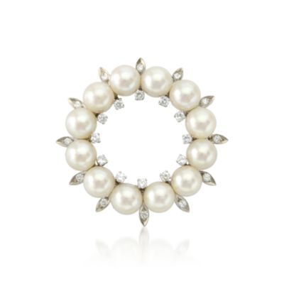 C. 1960 Vintage 7mm Pearl and .80 ct. t.w. Diamond Circle Pin in 14kt White Gold &mdash; Alt Image 1