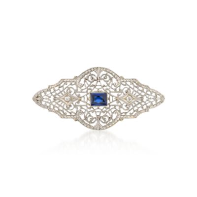 C. 1950 Vintage Faux Sapphire and Diamond Pin In 14kt White Gold &mdash; Alt Image 1