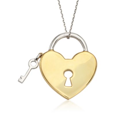 Two-Tone Heart and Key Pendant Necklace. 18" &mdash; Alt Image 1