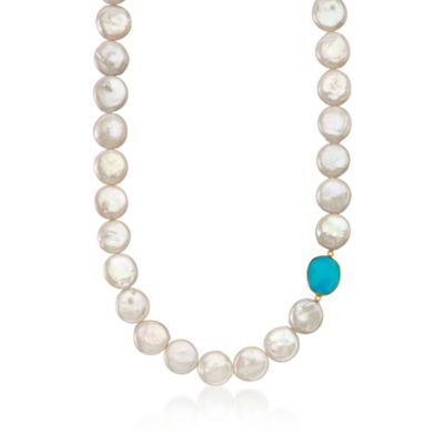 Turquoise and Coin Pearl Necklace in 14kt Yellow Gold and 18kt Over Sterling &mdash; Alt Image 1
