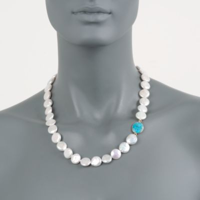 Turquoise and Coin Pearl Necklace in 14kt Yellow Gold and 18kt Over Sterling &mdash; Alt Image 4