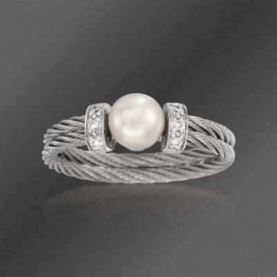 Charriol "Classique" 6mm Pearl and Diamond Ring in 18kt White Gold and Stainless. Size 6.5 &mdash; Alt Image 1