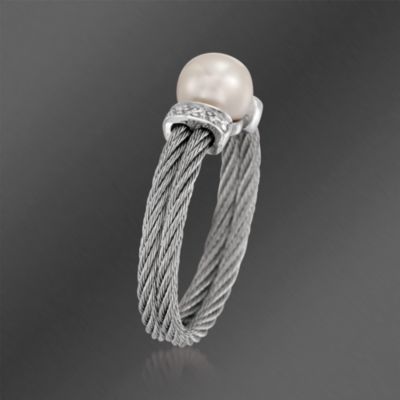 Charriol "Classique" 6mm Pearl and Diamond Ring in 18kt White Gold and Stainless. Size 6.5 &mdash; Alt Image 3